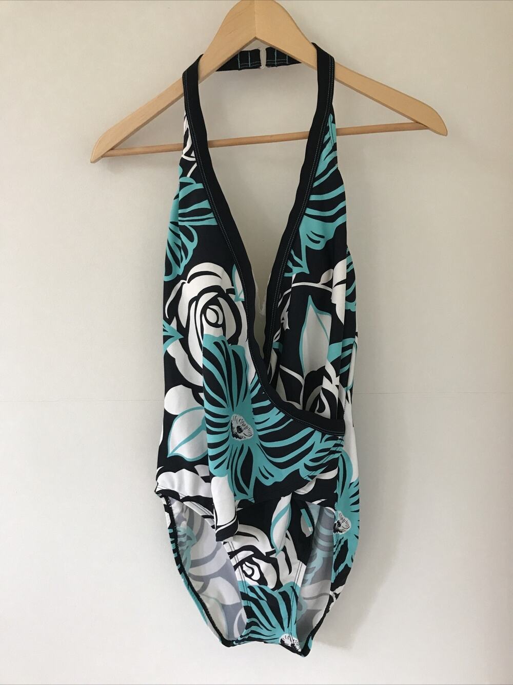 Vintage Cole of California Blue White Floral Tropical One Piece Swimsuit 10 30"